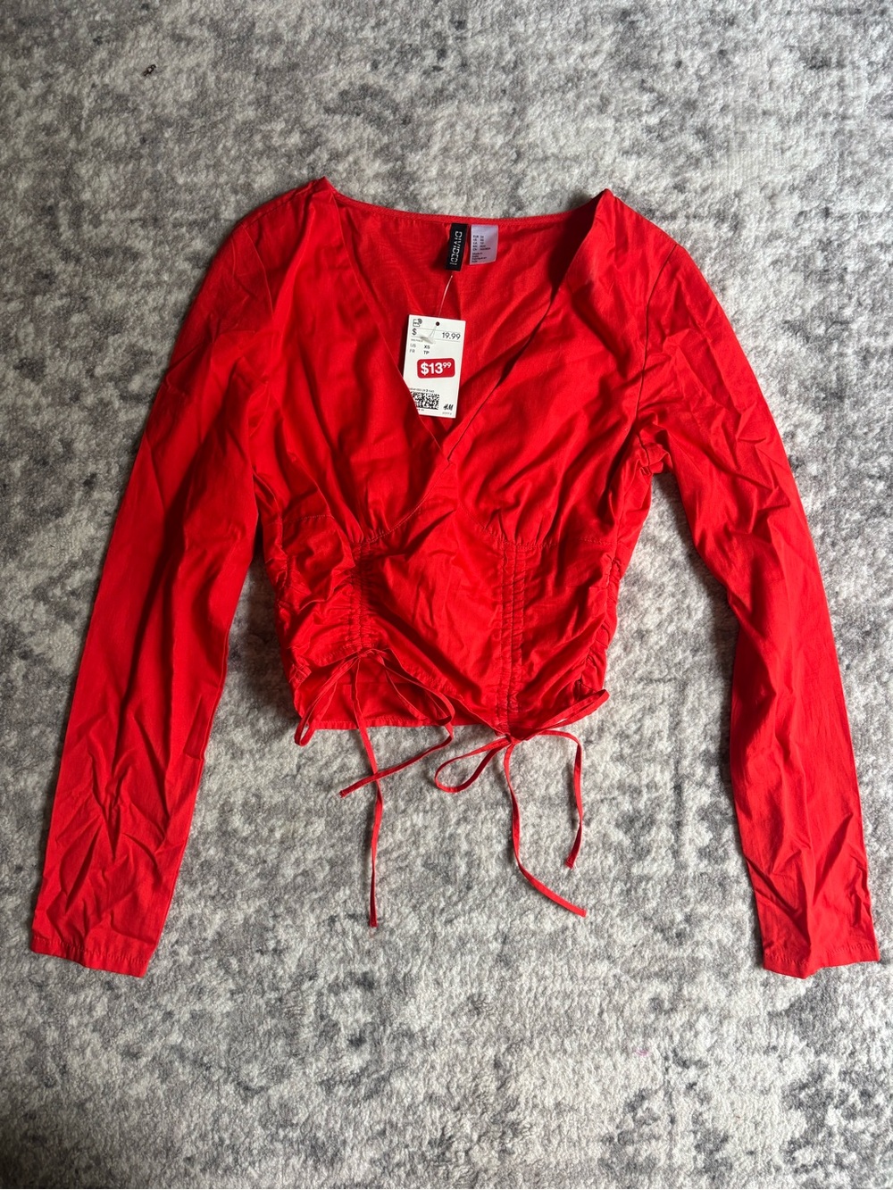 H&M Red V-Neck Long Sleeve Drawstring Top
